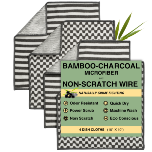 Set of four black-and-white patterned dishcloths made from bamboo-charcoal microfiber with non-scratch scrubbing surface, shown stacked with label highlighting features.